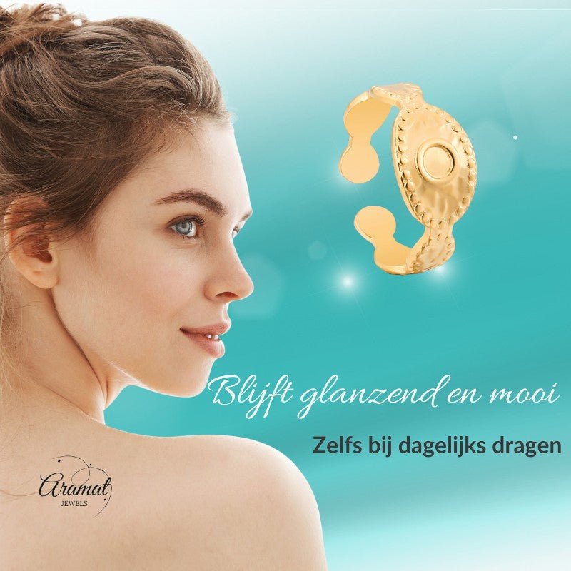 RVS Verstelbare Ring - Oog Motief met Dots - One Size - ring329 - 161814 - Ringen kopen# - Goudkleur - alles - boze oog