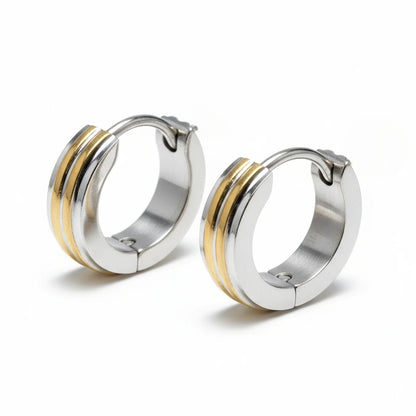 Earrings – Narrow Bicolor Stainless Steel Silver/Gold Stripes (13x4mm) 