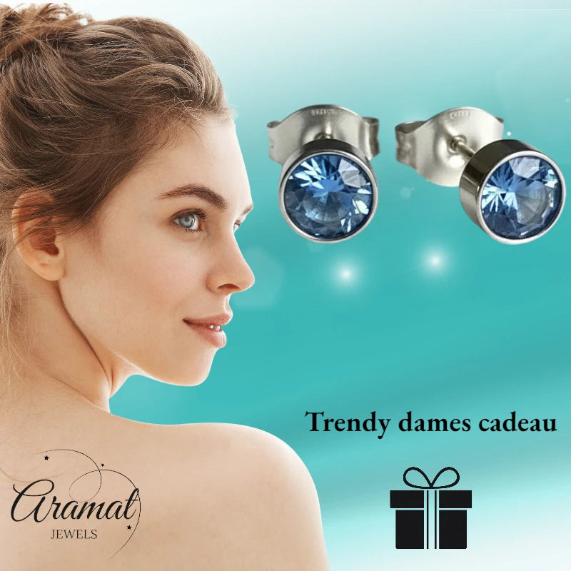 Boucles d'oreilles puces – Acier cristal bleu argent (5 mm) 