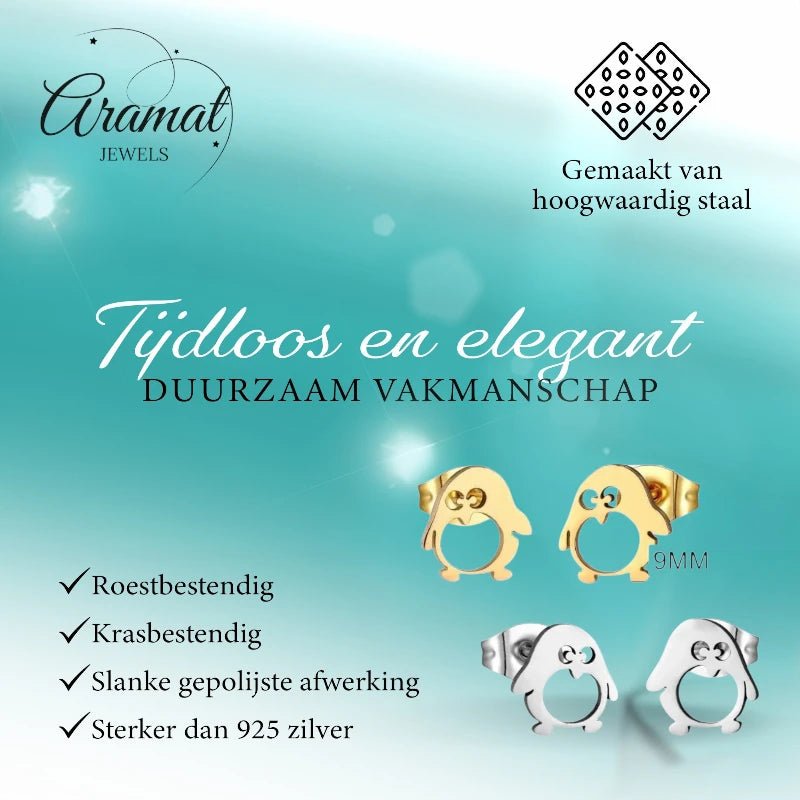 Schattige Stalen Pinguïn Oorstekers - Aramat Jewels - Oorbellen - cadeautip