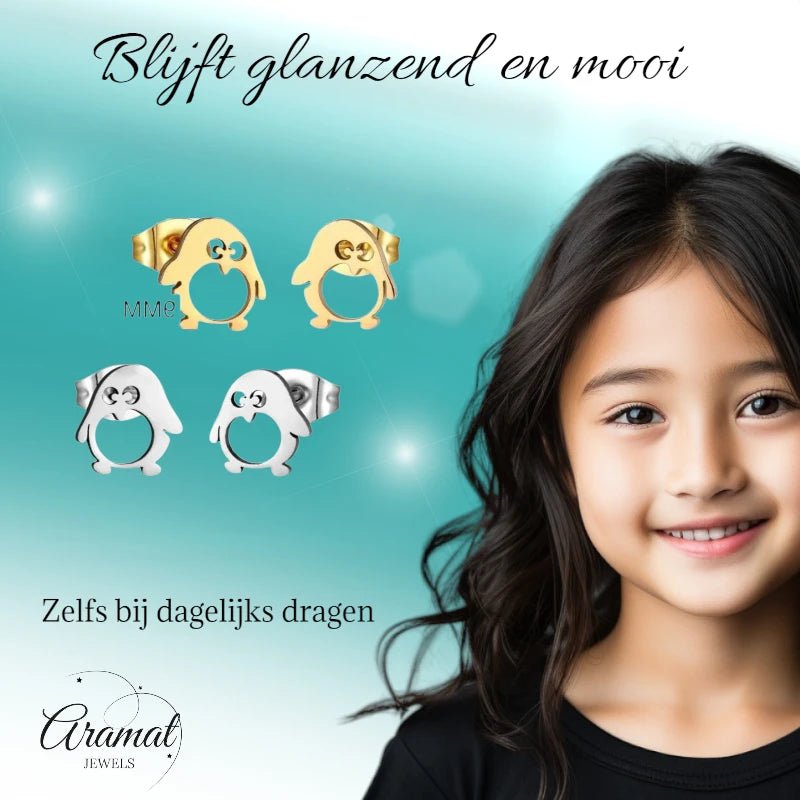 Schattige Stalen Pinguïn Oorstekers - Aramat Jewels - Oorbellen - cadeautip