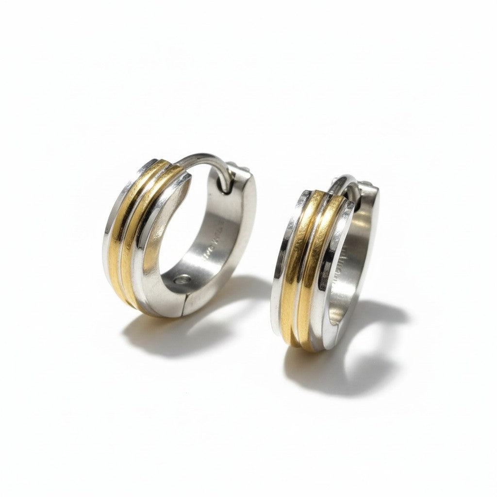 Earrings – Narrow Bicolor Stainless Steel Silver/Gold Stripes (13x4mm) 