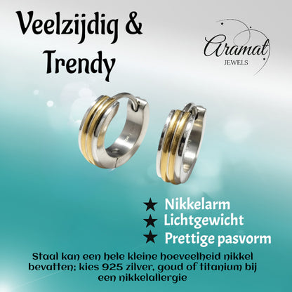 Earrings – Narrow Bicolor Stainless Steel Silver/Gold Stripes (13x4mm) 