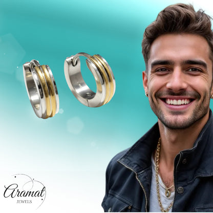 Earrings – Narrow Bicolor Stainless Steel Silver/Gold Stripes (13x4mm) 