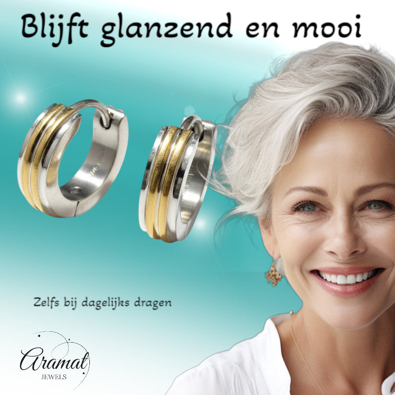 Earrings – Narrow Bicolor Stainless Steel Silver/Gold Stripes (13x4mm) 