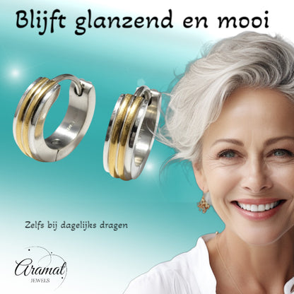 Earrings – Narrow Bicolor Stainless Steel Silver/Gold Stripes (13x4mm) 