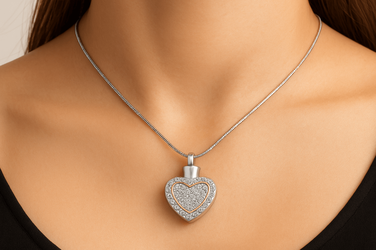 Een zilveren hartvormige ashanger met diamanten en een gouden hartomlijning, gedragen om een vrouwelijke hals. De hanger is 3 bij 2 cm en hangt aan een zilveren slangenketting.