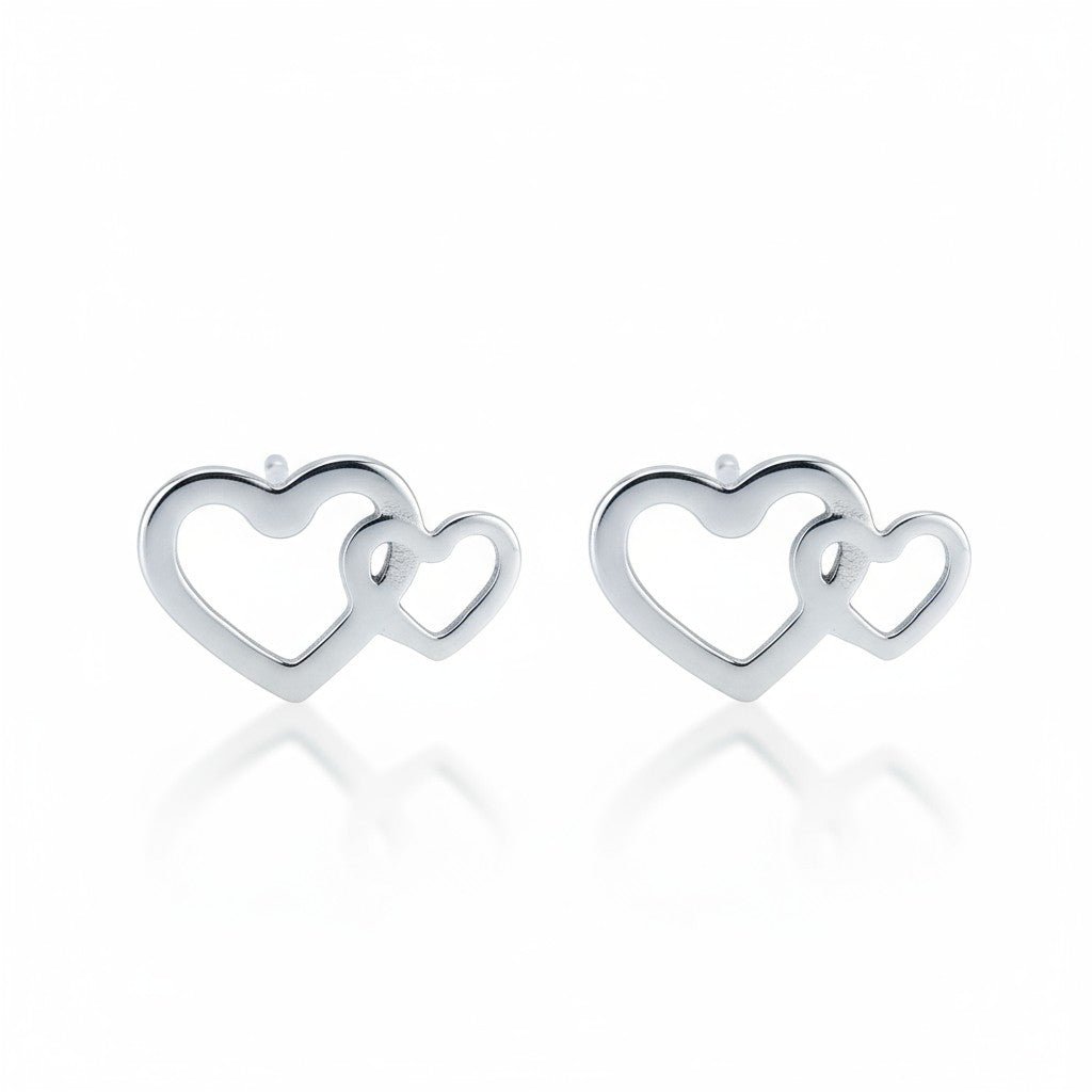 Staal dubbel hart oorstekers zilverkleur 12x8mm met 2 open hartjes, voor de meeste mensen hypoallergeen oorbellen voor dames en kinderen