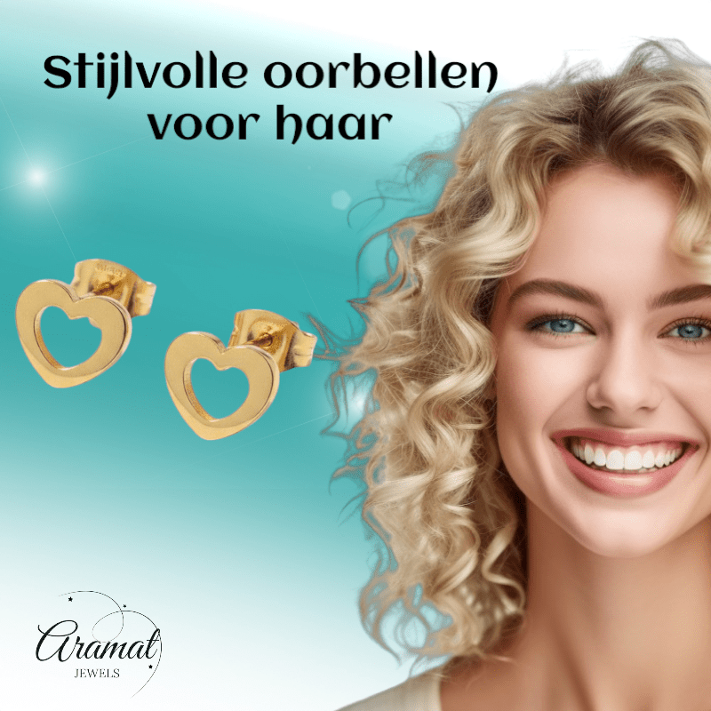 Staal Hart Oorstekers Goudkleurig 9x8mm Open - Aramat Jewels - Oorbellen - cadeautip