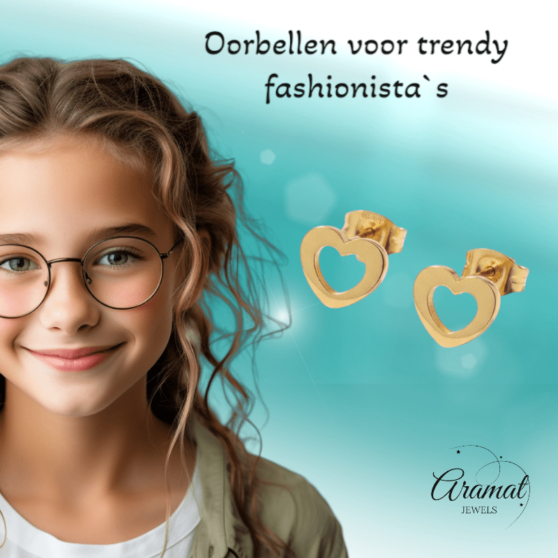 Staal Hart Oorstekers Goudkleurig 9x8mm Open - Aramat Jewels - Oorbellen - cadeautip