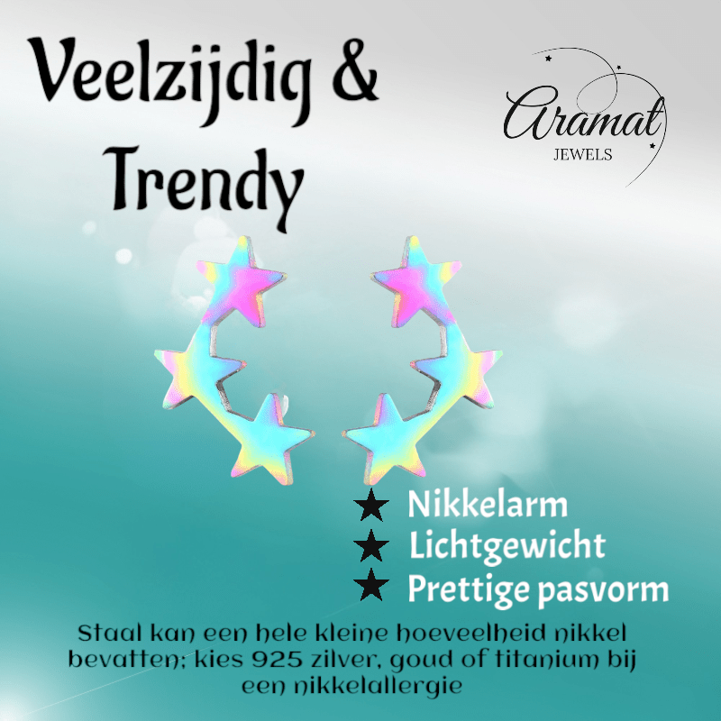 Stainless Steel Multicolor Sterren Oorbellen - Vrolijk & Uniek - oor4233 - Oorbellen kopen