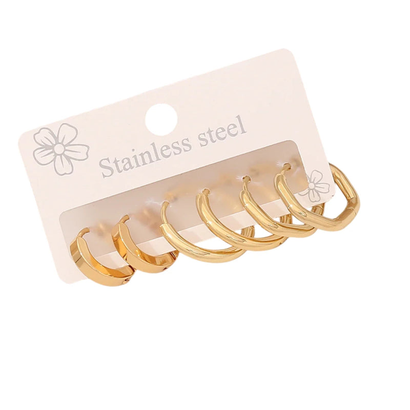 Stainless steel oorringenset – goudkleurig – 2x rond + 1x zeshoekig – 3 paar - set21 - 539677 - Oorringen kopen# - alles - cadeau - dames