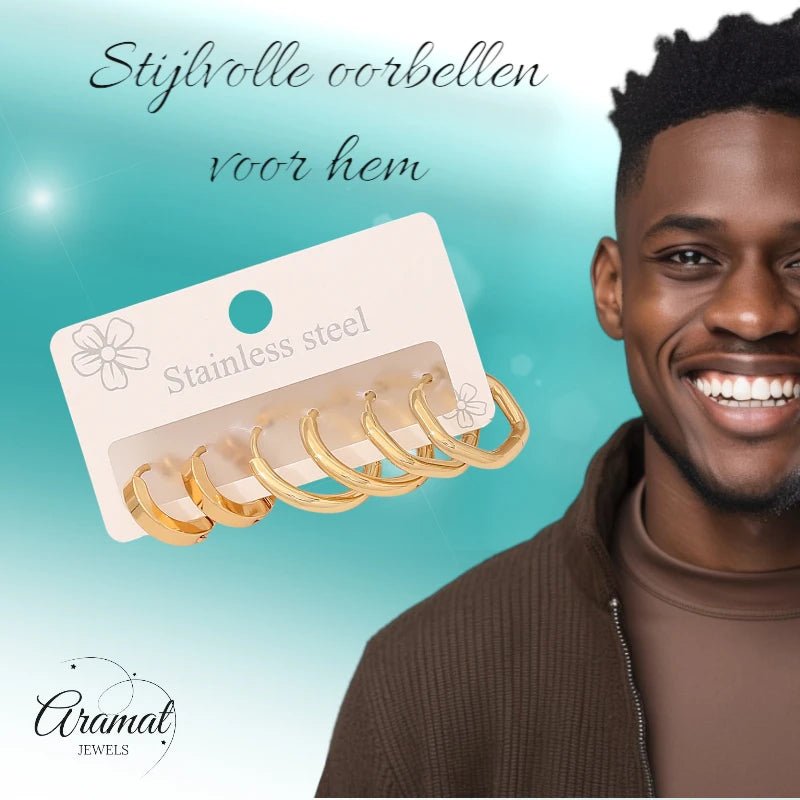 Stainless steel oorringenset – goudkleurig – 2x rond + 1x zeshoekig – 3 paar - set21 - 539677 - Oorringen kopen# - alles - cadeau - dames