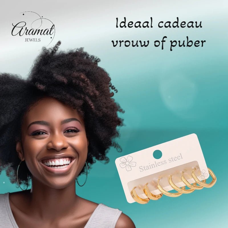 Stainless steel oorringenset – goudkleurig – 2x rond + 1x zeshoekig – 3 paar - set21 - 539677 - Oorringen kopen# - alles - cadeau - dames