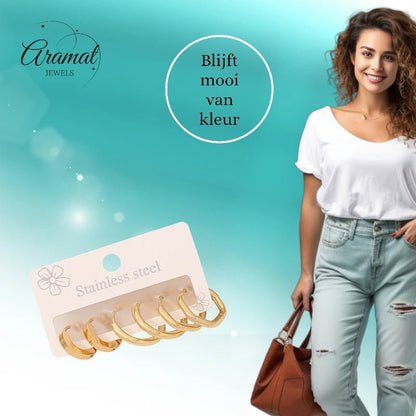Stainless steel oorringenset – goudkleurig – 2x rond + 1x zeshoekig – 3 paar - set21 - 539677 - Oorringen kopen# - alles - cadeau - dames