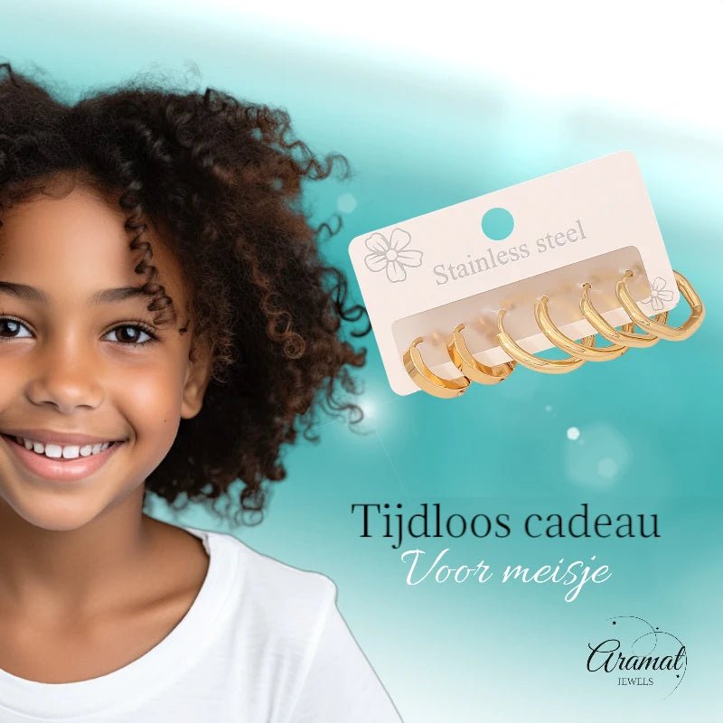 Stainless steel oorringenset – goudkleurig – 2x rond + 1x zeshoekig – 3 paar - set21 - 539677 - Oorringen kopen# - alles - cadeau - dames