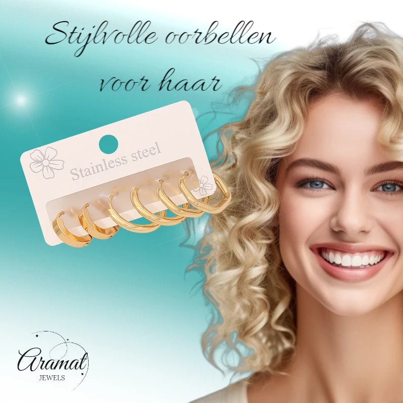 Stainless steel oorringenset – goudkleurig – 2x rond + 1x zeshoekig – 3 paar - set21 - 539677 - Oorringen kopen# - alles - cadeau - dames