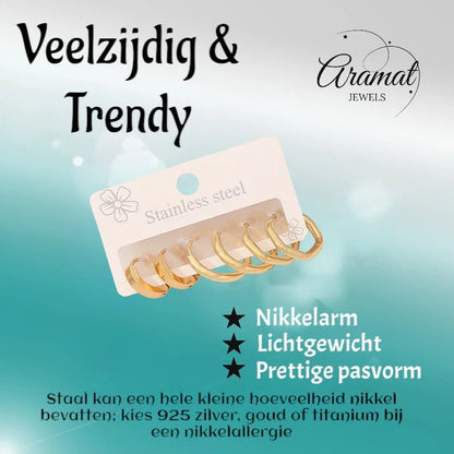 Stainless steel oorringenset – goudkleurig – 2x rond + 1x zeshoekig – 3 paar - set21 - 539677 - Oorringen kopen# - alles - cadeau - dames