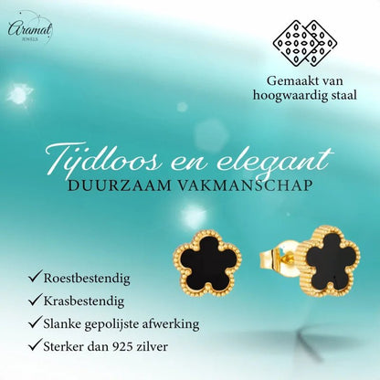 Stalen Bloem Oorbellen Goudkleur-zwart-9mm | Oorbellen