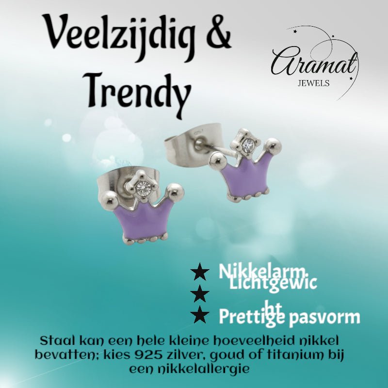 Stalen Emaille oorbellen kroontje met steentje - Aramat Jewels - Oorbellen - cadeautip