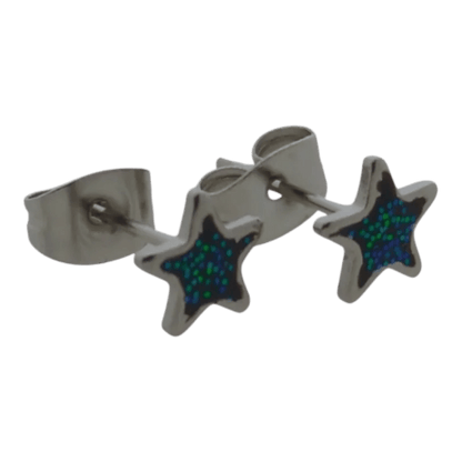 Stervormige oorbellen van roestvrij staal met blauwgroene glitterinlay.