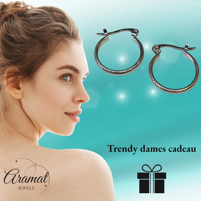 Earrings – Stainless Steel Silver Color with Stripes (18mm)