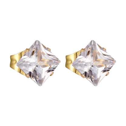 Paar vierkante diamanten oorbellen met gouden zetting.