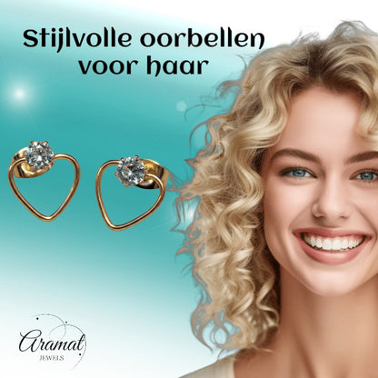 Stalen Hart Oorbellen Goudkleur 10mm Zirkonia Open - Aramat Jewels - Oorbellen - cadeautip