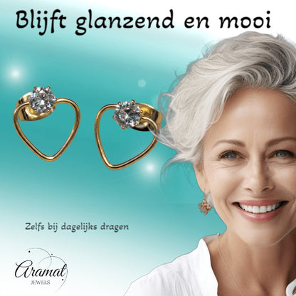 Stalen Hart Oorbellen Goudkleur 10mm Zirkonia Open - Aramat Jewels - Oorbellen - cadeautip