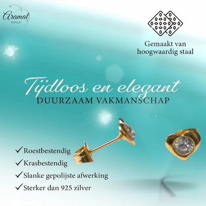 Stalen Hartjes Oorbellen 7x8mm - Goudkleur - Kristal - oor1134 - Oorbellen kopen# - 8mm - alles