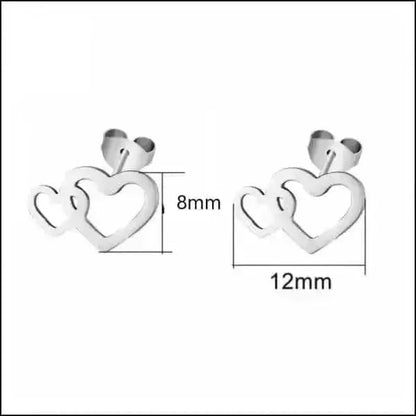 Boucles d'oreilles puces double cœur en acier inoxydable argenté 12x8mm