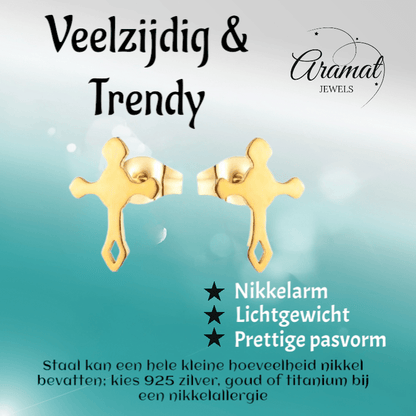 Stalen Hartjes Oorbellen met kruisje – Goudkleur – 11x7mm - Aramat Jewels - Oorbellen - cadeautip