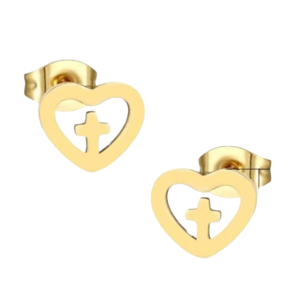 Stalen Hartjes Oorbellen met kruisje – Goudkleur – 9mm - Aramat Jewels - Oorbellen - cadeautip