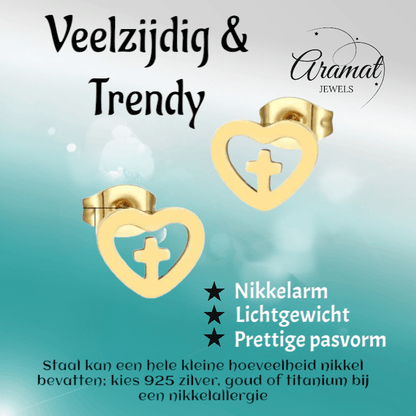 Stalen Hartjes Oorbellen met kruisje – Goudkleur – 9mm - Aramat Jewels - Oorbellen - cadeautip