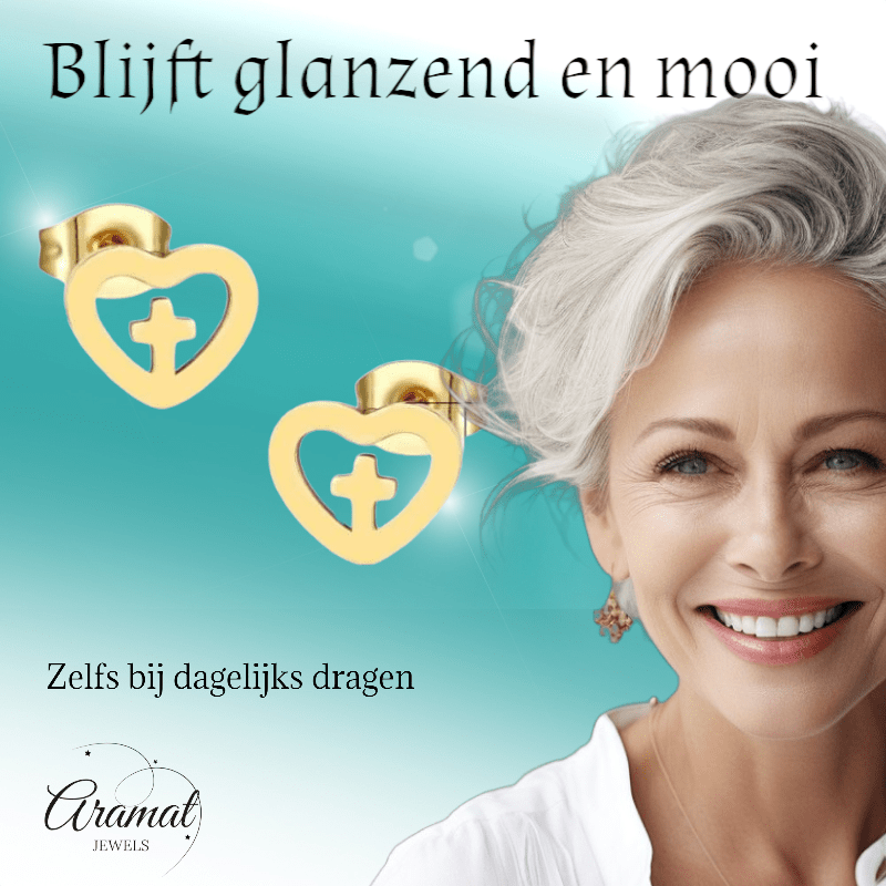 Stalen Hartjes Oorbellen met kruisje – Goudkleur – 9mm - Aramat Jewels - Oorbellen - cadeautip