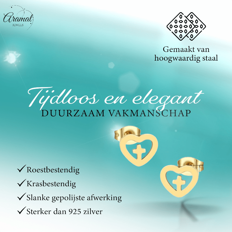 Stalen Hartjes Oorbellen met kruisje – Goudkleur – 9mm - Aramat Jewels - Oorbellen - cadeautip