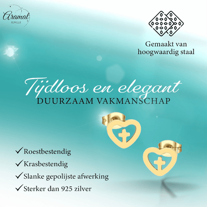 Stalen Hartjes Oorbellen met kruisje – Goudkleur – 9mm - Aramat Jewels - Oorbellen - cadeautip