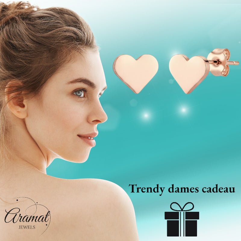 Stalen Hartjes Oorbellen Rosegoudkleurig 8mm RVS - Aramat Jewels - Oorbellen - cadeautip