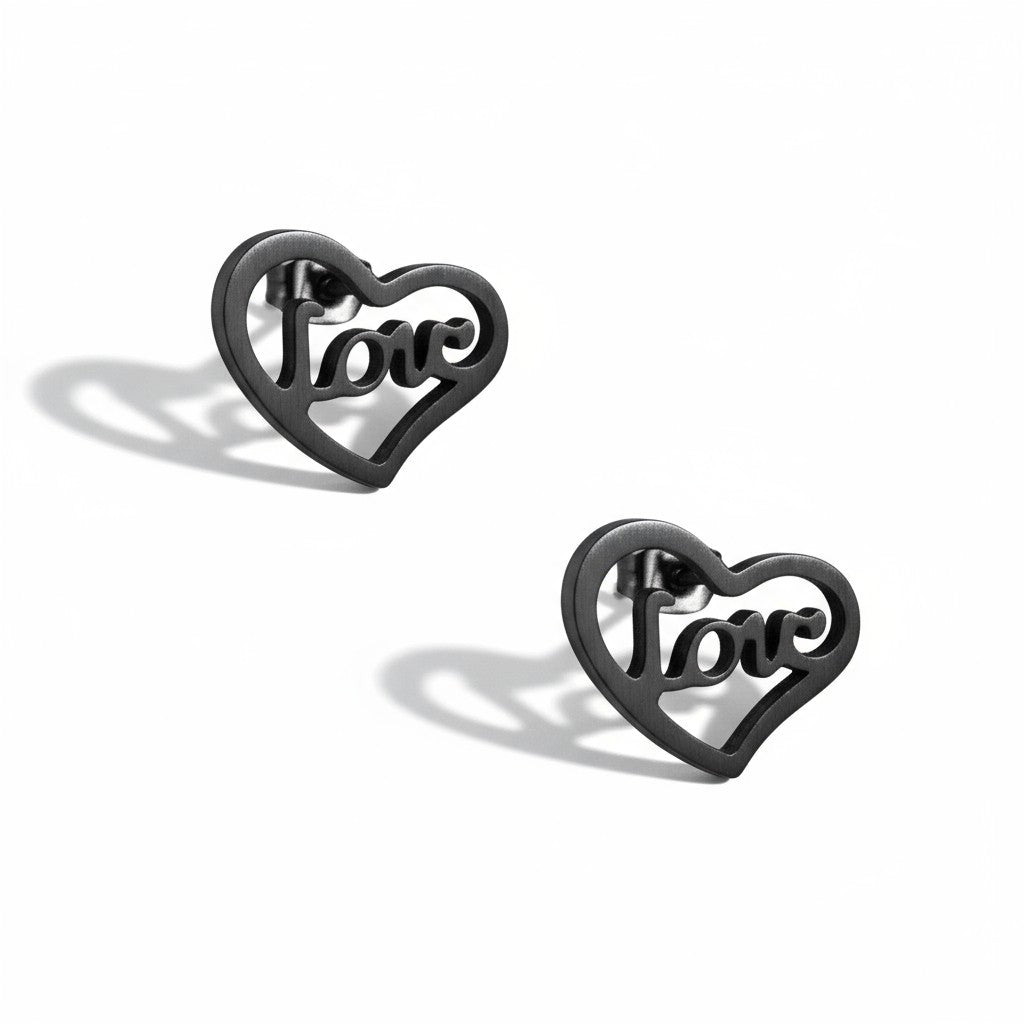 Stalen hartjes oorbellen zwart 9mm RVS, open hartje met love tekst, hypoallergeen oorstekers voor dames en kinderen