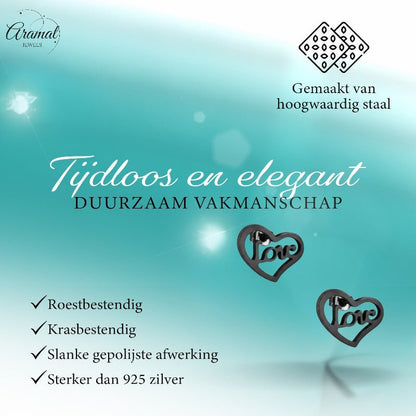 Stalen Hartjes Oorbellen Zwart 9mm Love RVS - Aramat Jewels - Oorbellen - cadeautip