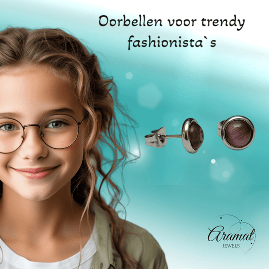 Stalen Kattenoog Oorbellen 8mm – Paars - Aramat Jewels - Oorbellen - cadeautip