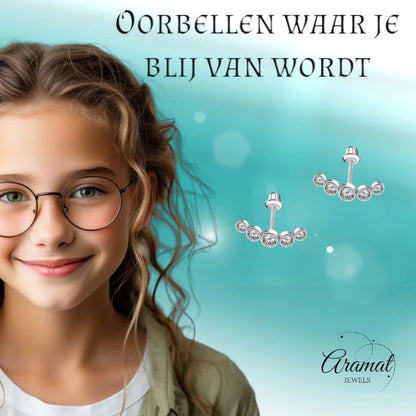 Stalen Kinder Oorbellen Bar - 5 Zirkonia Steentjes - Schroefsluiting - 14x5mm - oor6265 - 72431 - Oorbellen kopen# - 14mm - alles