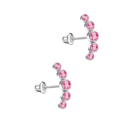 Stalen Kinder Oorbellen - Bar met 5 Roze Zirkonia Steentjes - Schroefsluiting - 14x5mm - oor6266 - 72433 - Oorbellen kopen# - 14mm - alles
