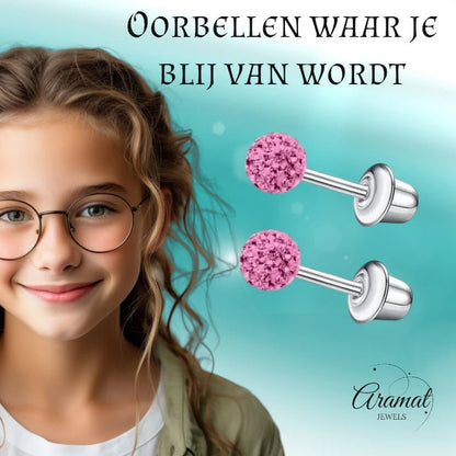 Stalen kinderoorbellen - 3,5mm roze kristal met schroefsluiting - oor6263 - 72429 - Oorbellen kopen# - 3.5mm - alles