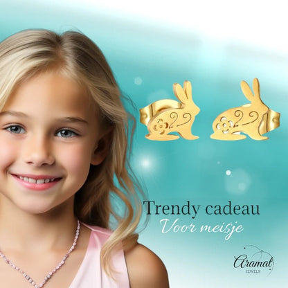 Stalen Konijn Oorbellen – Goudkleurig RVS – 8x7mm – Dieren Oorstekers - oor1601 - Oorbellen kopen# - 8mm - alles - cadeau