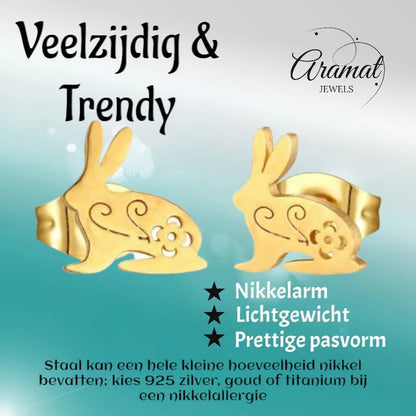 Stalen Konijn Oorbellen – Goudkleurig RVS – 8x7mm – Dieren Oorstekers - oor1601 - Oorbellen kopen# - 8mm - alles - cadeau