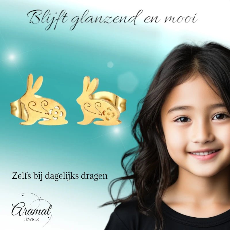 Stalen Konijn Oorbellen – Goudkleurig RVS – 8x7mm – Dieren Oorstekers - oor1601 - Oorbellen kopen# - 8mm - alles - cadeau