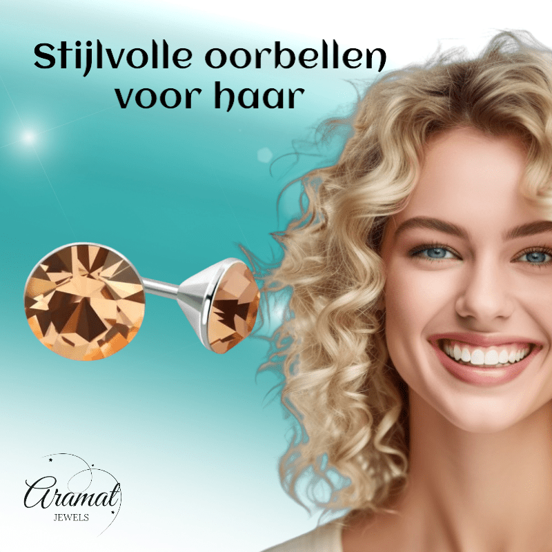 Stalen Kristal Oorbellen met champagnekleurig steentje – Zilverkleur – 4mm - Aramat Jewels - Oorbellen - cadeautip