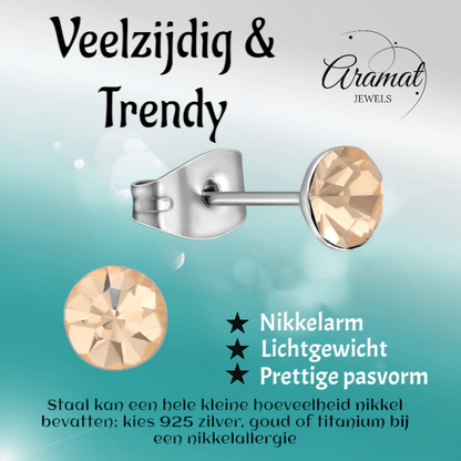 Stalen Kristal Oorbellen met champagnekleurig steentje – Zilverkleur – 5mm - Aramat Jewels - Oorbellen - cadeautip