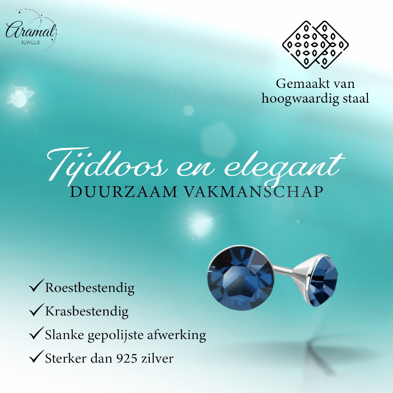 Stalen Kristal Oorbellen met denimblauw steentje – Zilverkleur – 3mm - Aramat Jewels - Oorbellen - cadeautip